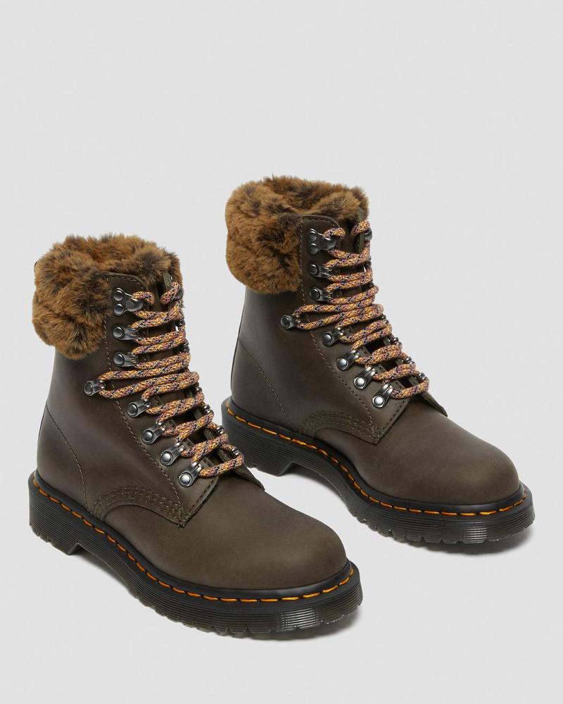 Grey Women's Dr Martens 1460 Serena Collar Faux Fur Lined Winter Boots | CA 277CTV